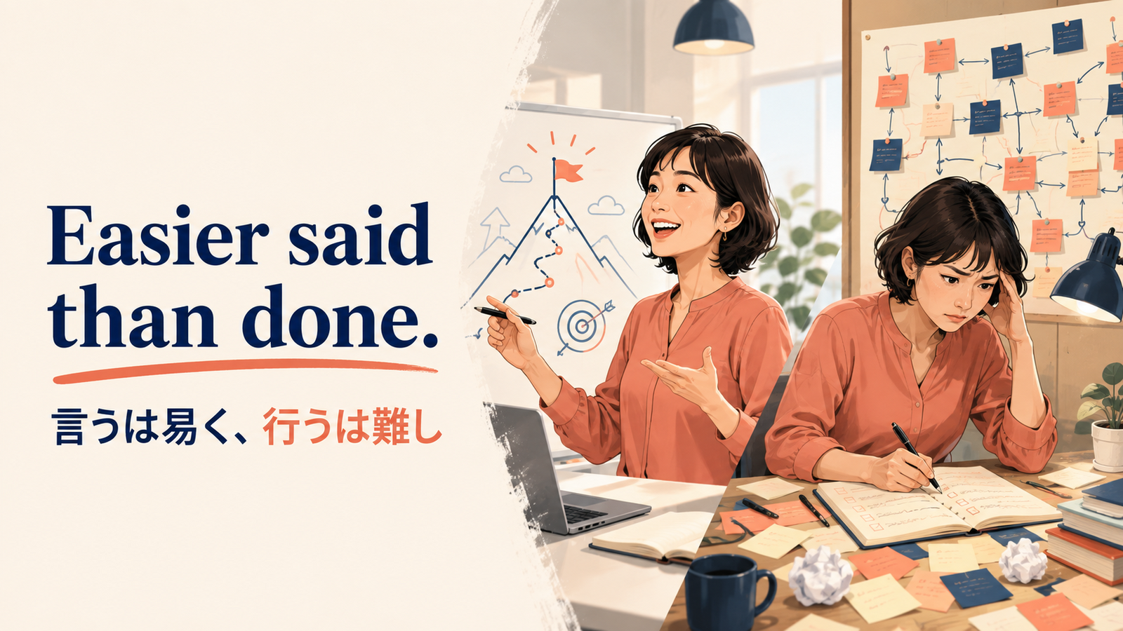 Easier said than done.の意味は？「言うは易く行うは難し」の使い方・例文