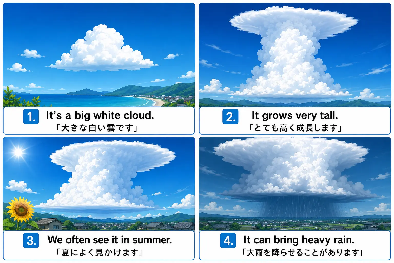 入道雲を大きな白い雲・高く成長する・夏に見る・大雨をもたらすと簡単な英語で説明した図