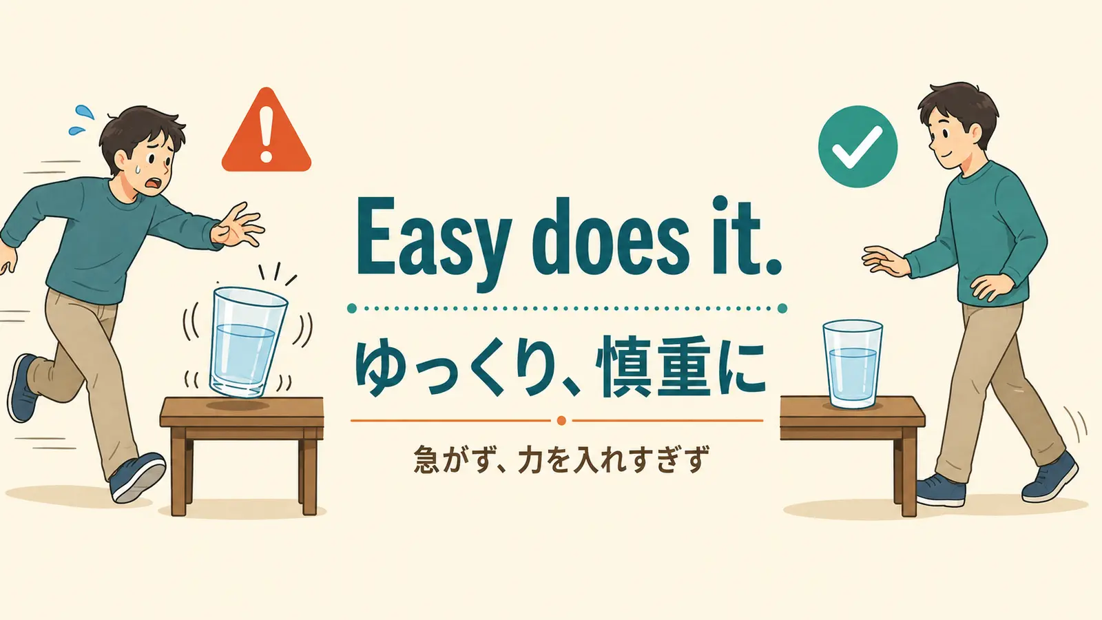 Easy does it.のゆっくり慎重にというニュアンスを示す比較イラスト