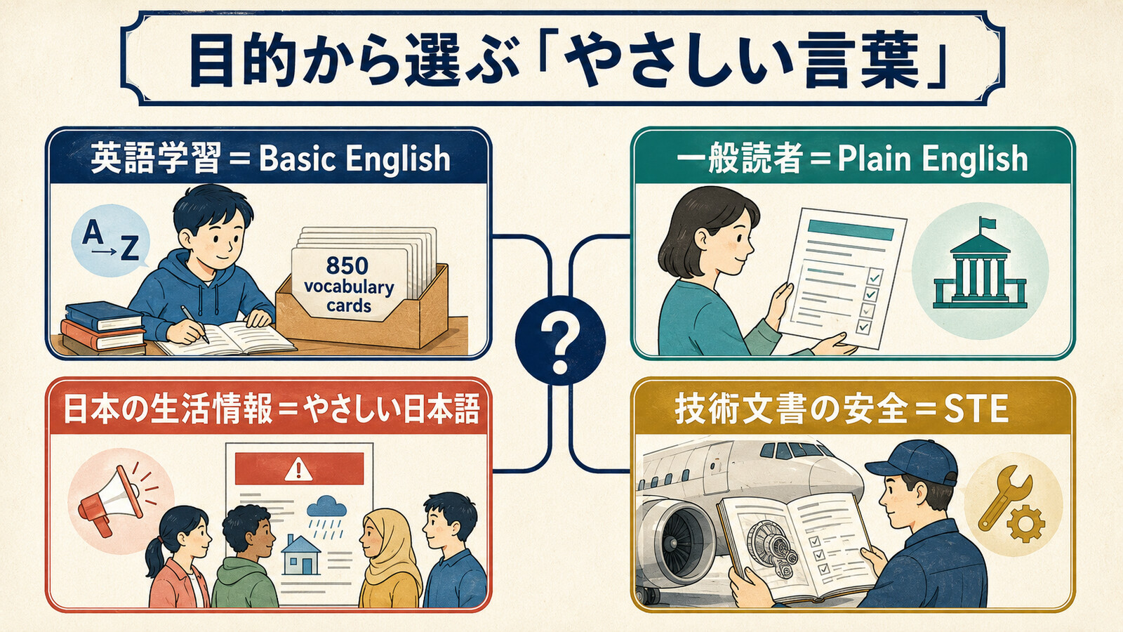 英語学習、一般読者、日本の生活情報、技術文書の目的別にやさしい言葉を選ぶ図