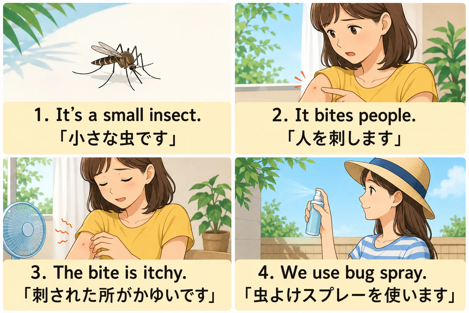 蚊を小さな虫・人を刺す・かゆい・虫よけスプレーを使うと簡単な英語で説明した図