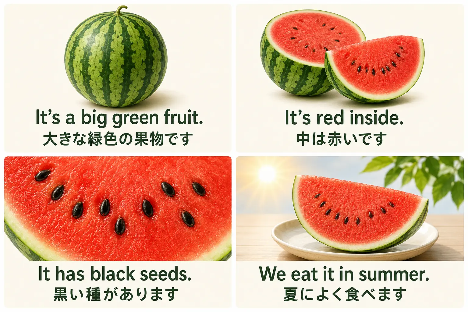 スイカを大きな緑色の果物・中は赤い・黒い種・夏に食べると簡単な英語で説明した図