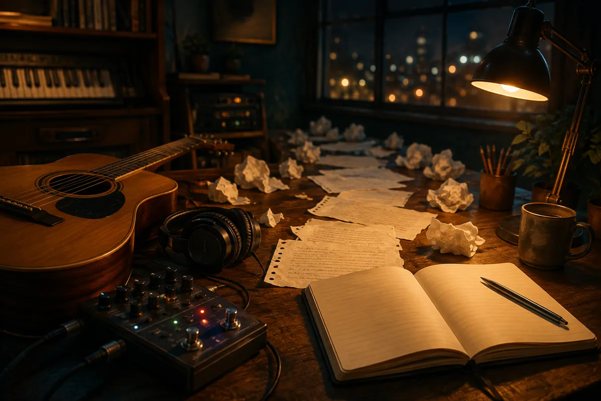 ギターと何枚もの下書きが、失敗を重ねて作品を磨く過程を表すイメージ