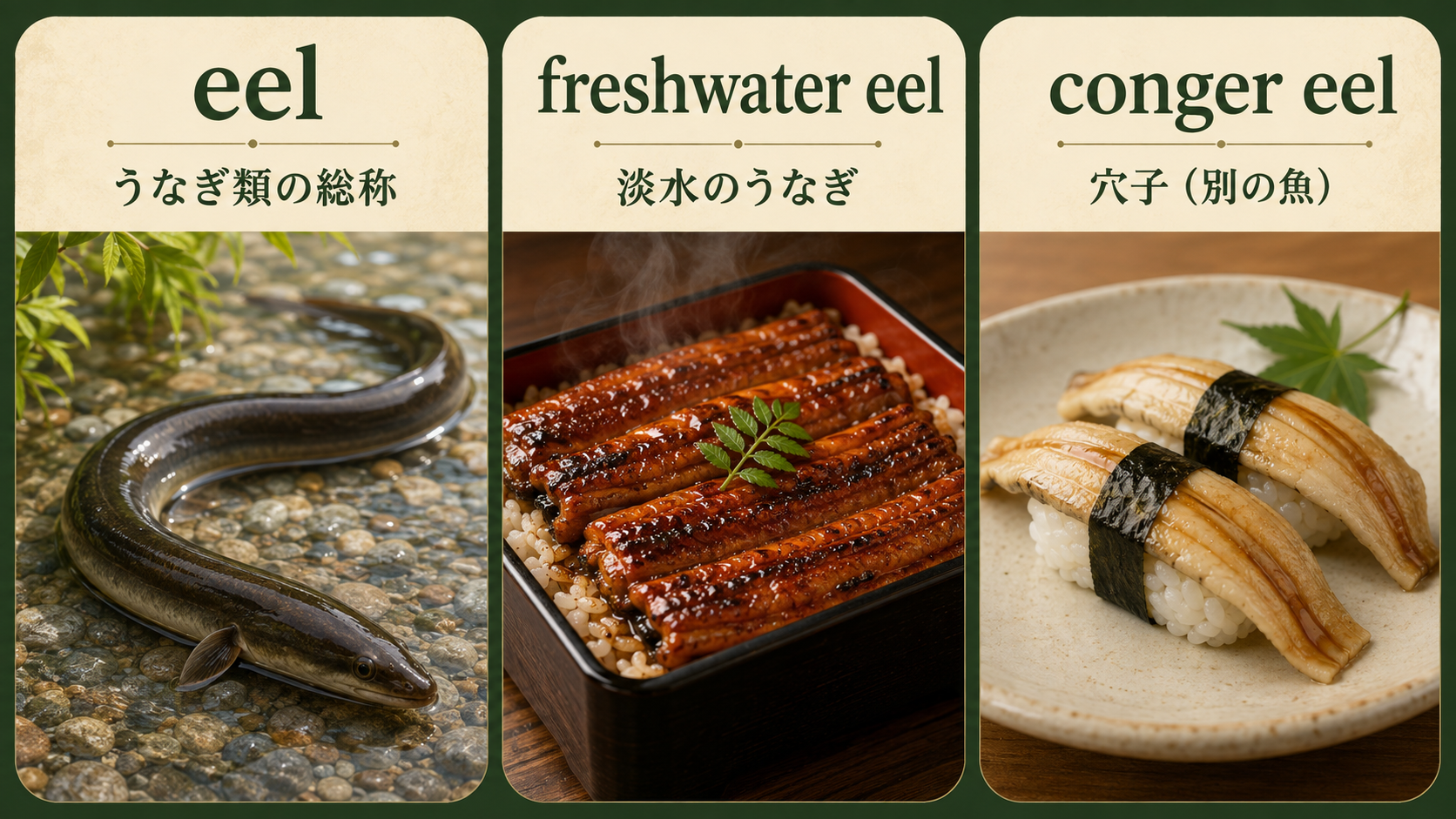 eel、freshwater eel、conger eelの意味の違いを示す比較画像