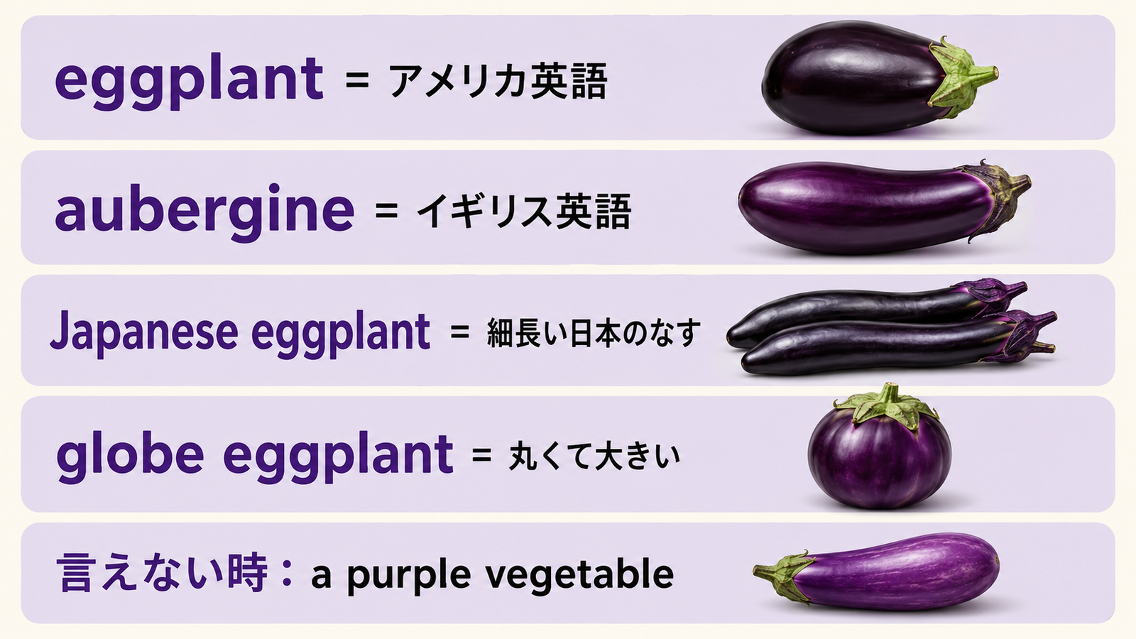 eggplantとaubergineの米英差、なすの種類、簡単な言い換えを比較する図