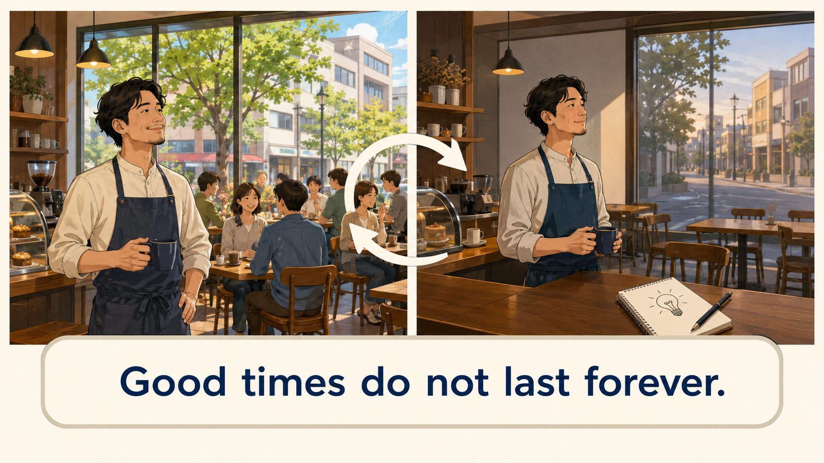 Good times do not last forever.で栄枯盛衰を簡単に表すイラスト