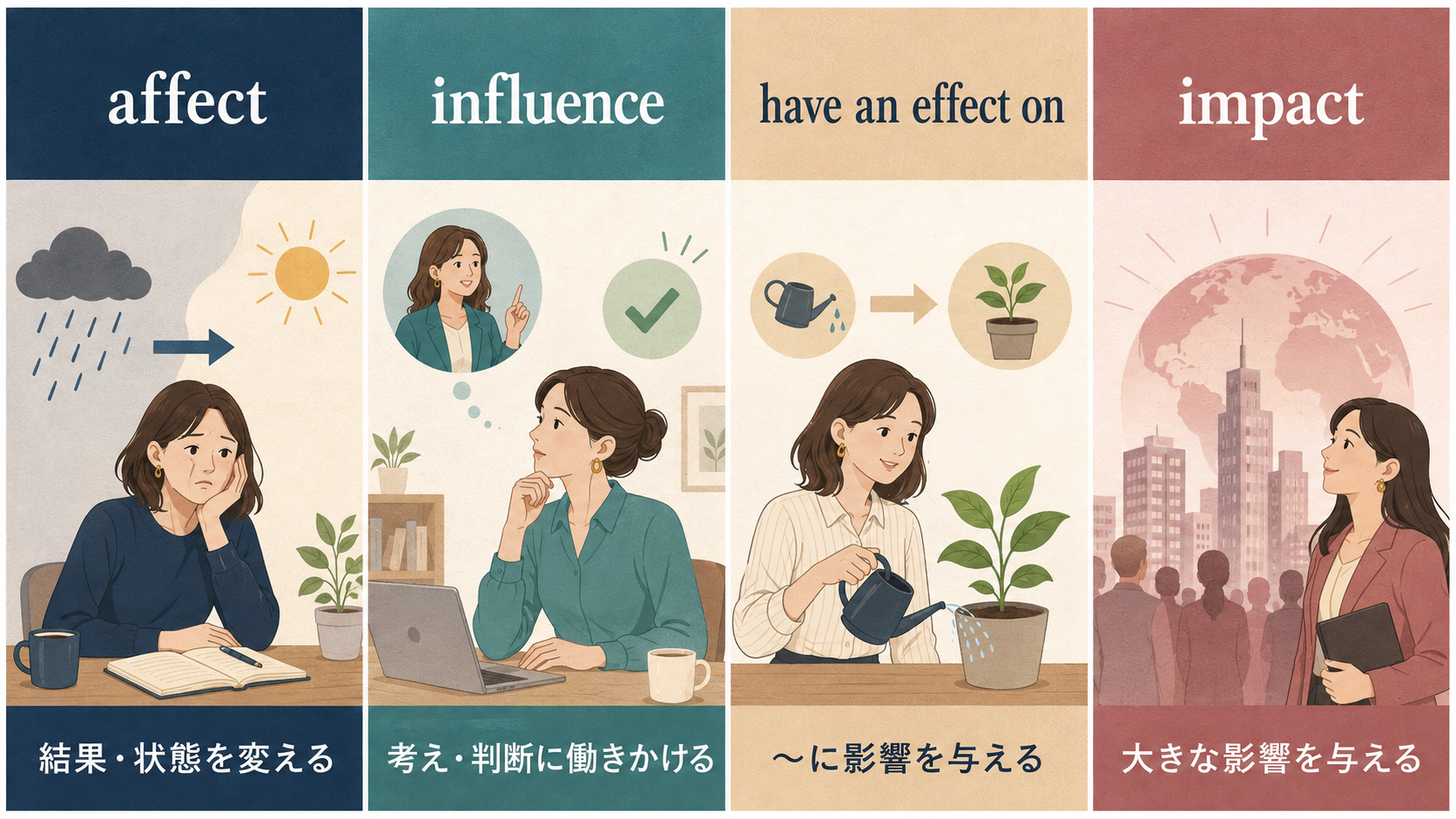 affect・influence・have an effect on・impactの違いを4場面で比較