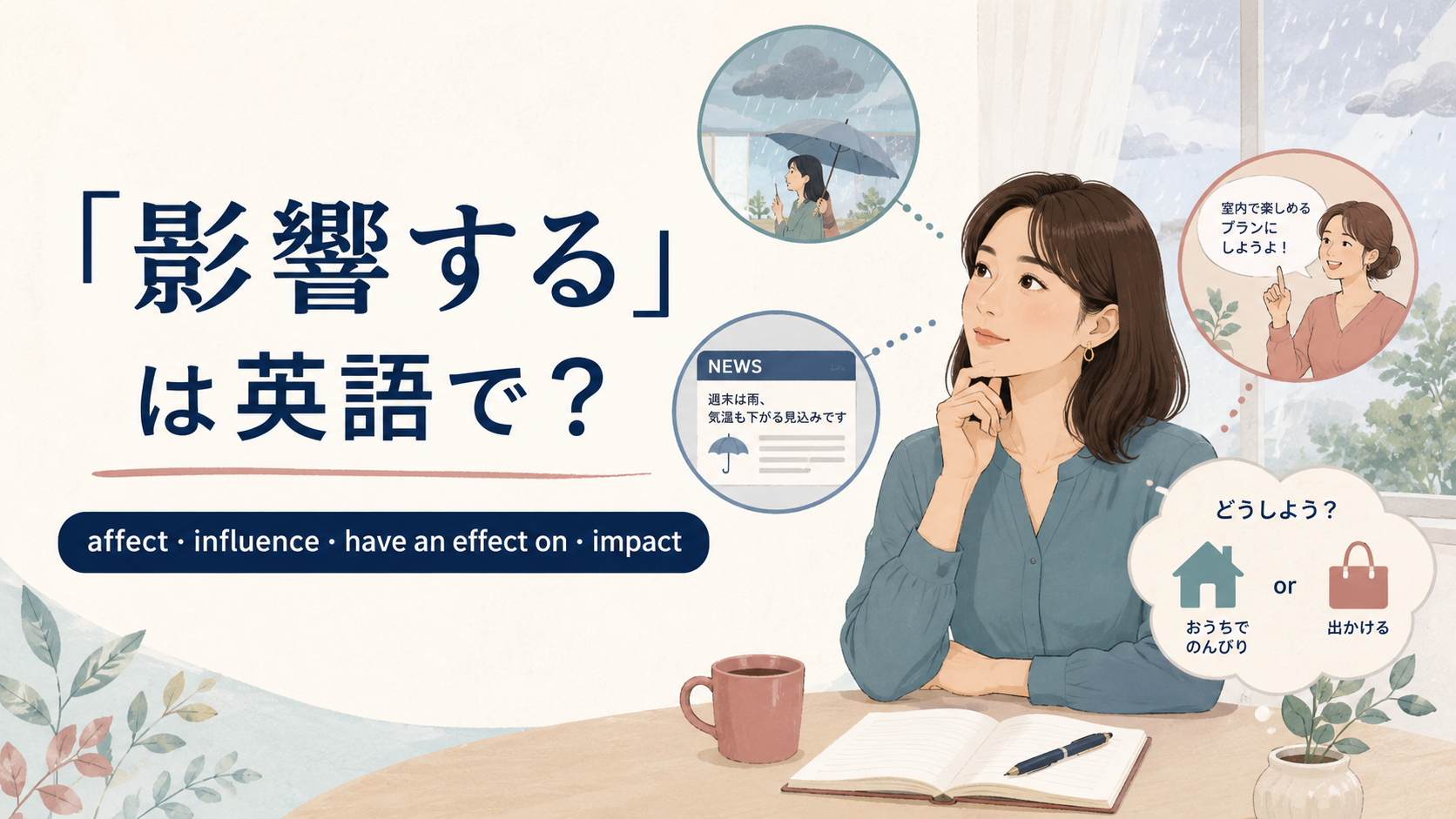 「影響する」の英語 affect・influence・have an effect on・impact を紹介するアイキャッチ