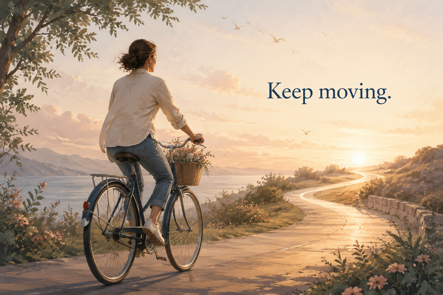 自転車で前へ進み続ける女性とKeep movingの英語表現