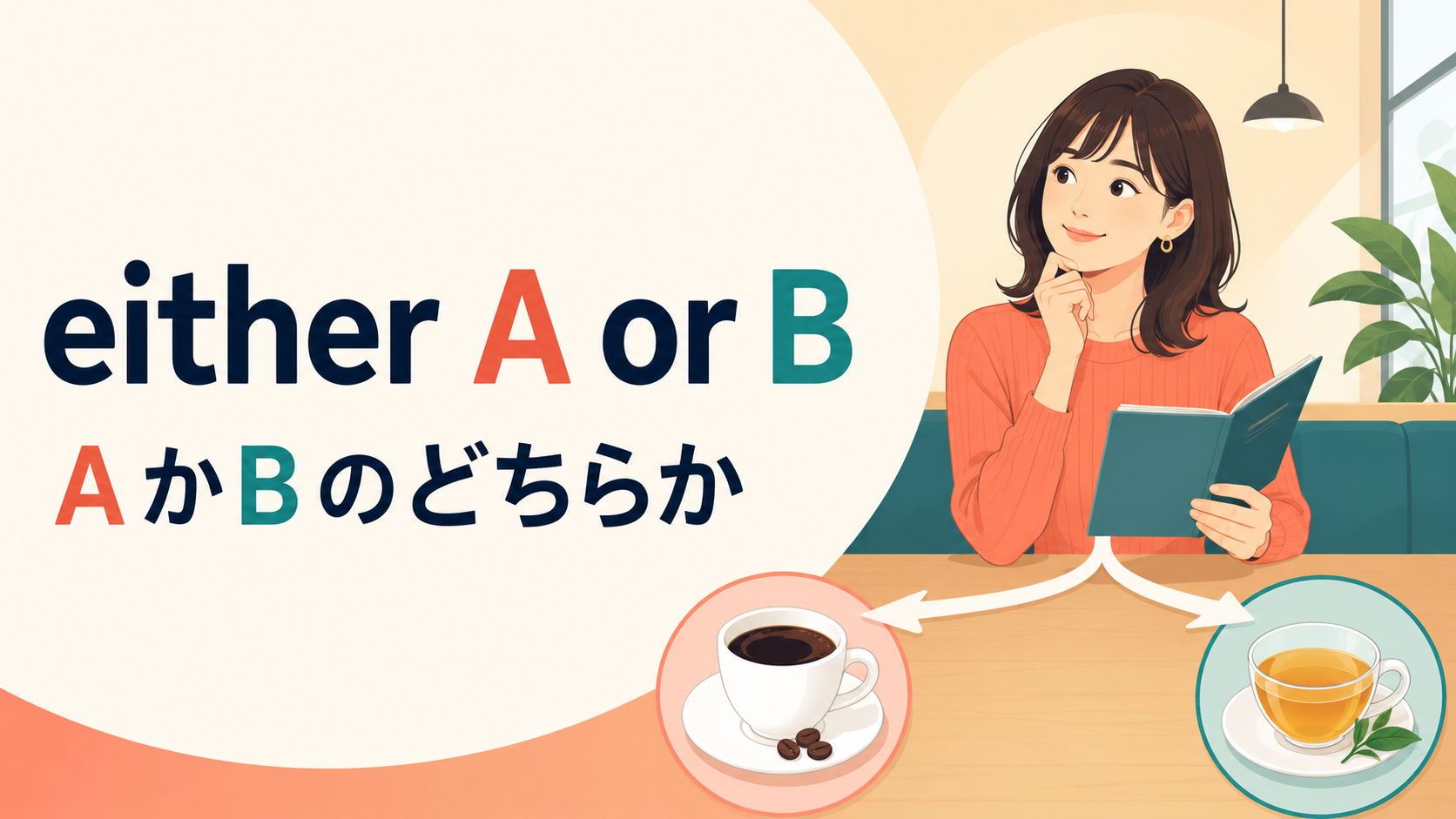カフェでコーヒーか紅茶のどちらかを選ぶeither A or Bのイメージ