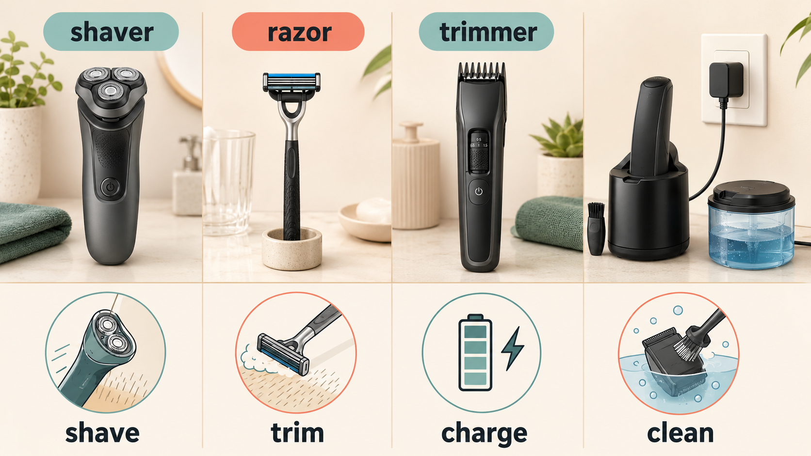 shaver razor trimmerと操作の英語図解