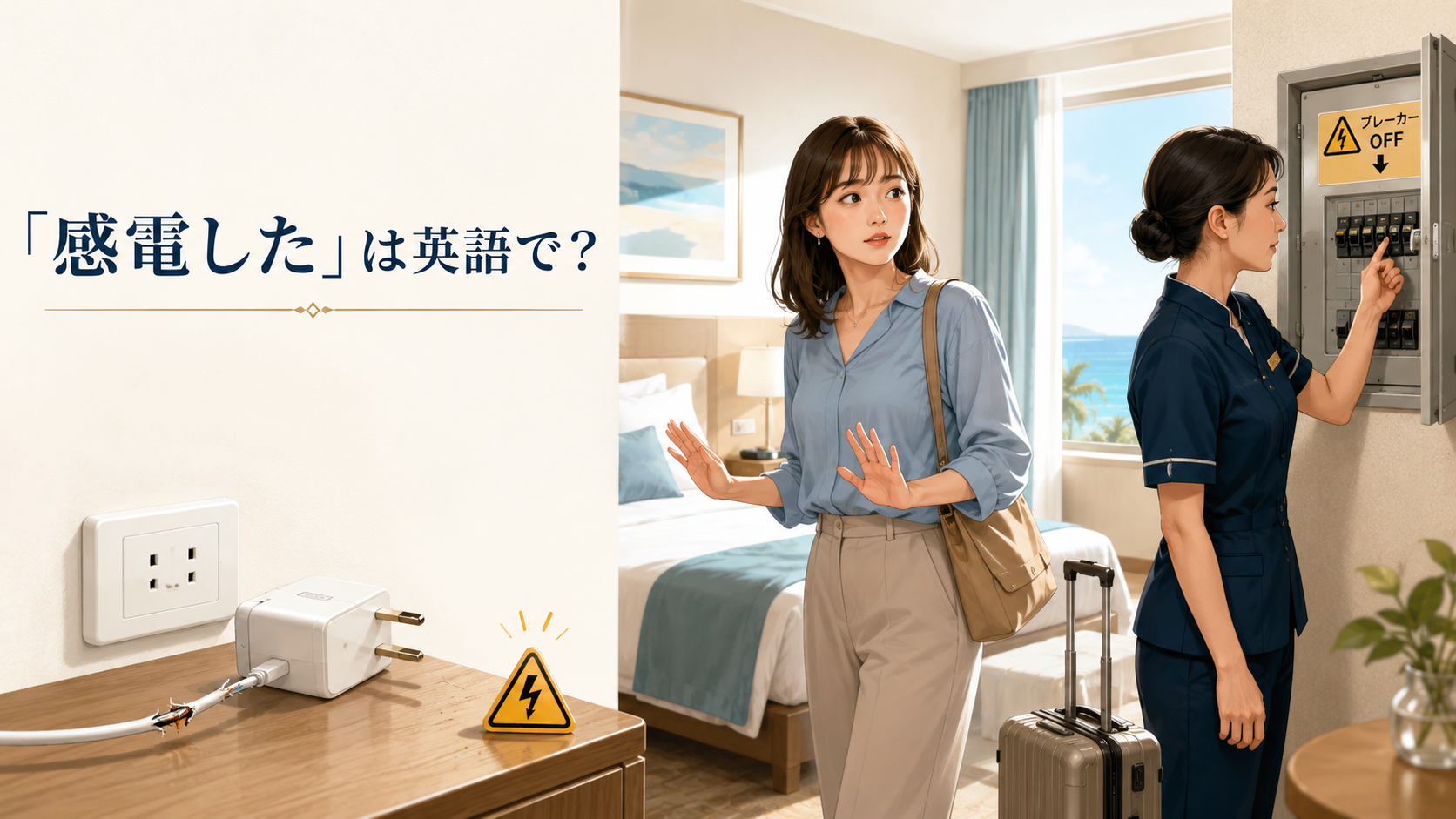 ホテルで感電事故が起き、電源を切って安全な距離を保つ旅行者