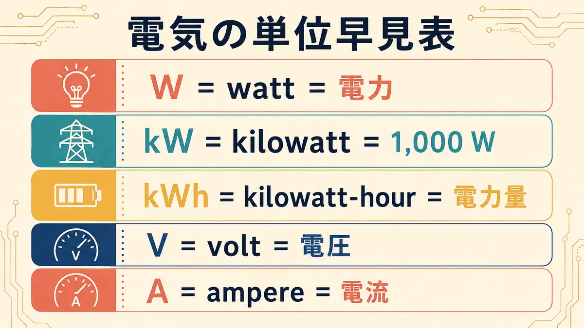 W・kW・kWh・V・Aの意味を示す電気単位早見表