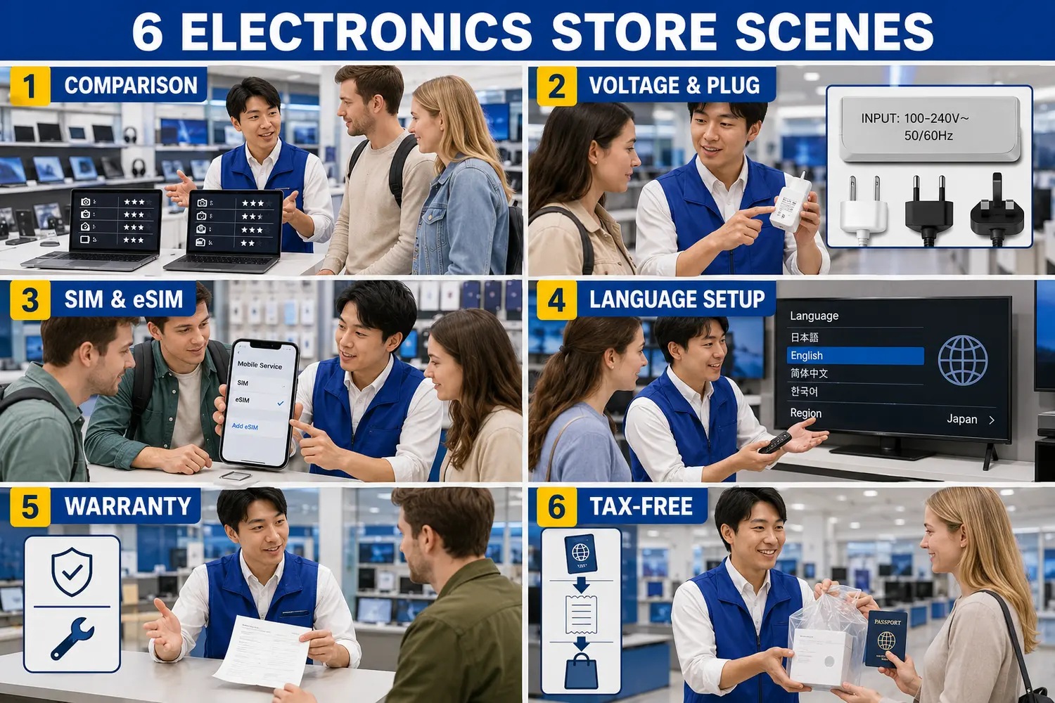 商品比較・電圧とプラグ・SIM・言語設定・保証・免税対応の6場面