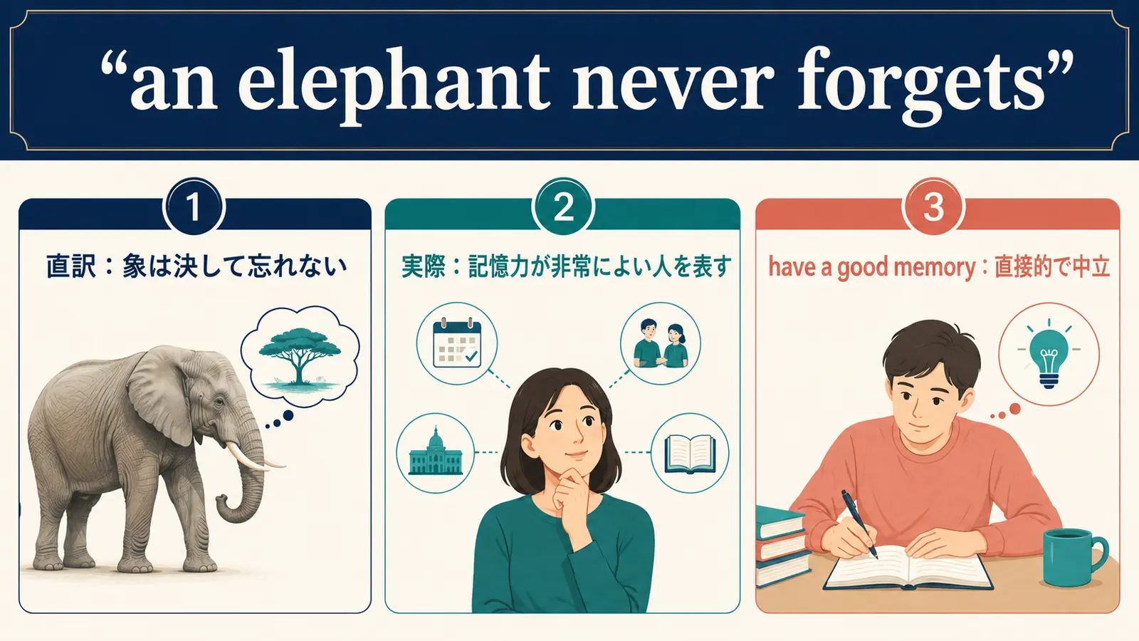 an elephant never forgetsの直訳イメージと実際の意味を比較した解説図