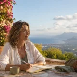 旅先のテラスで新しい人生について書く架空の女性