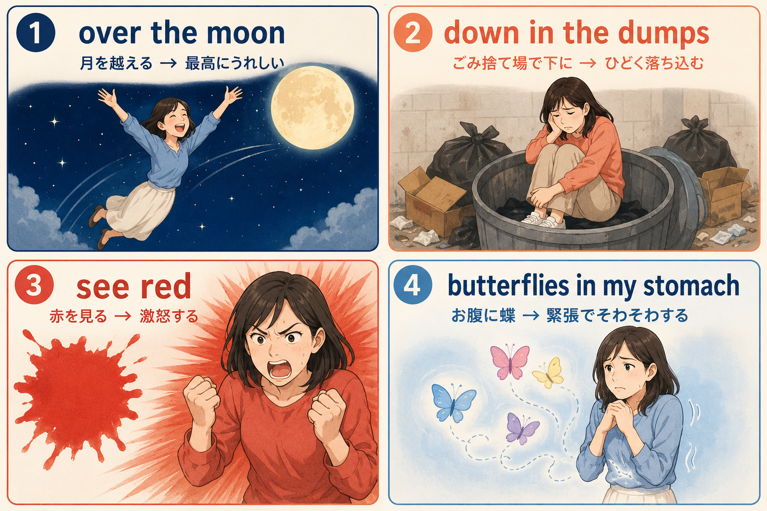 over the moon・down in the dumps・see red・butterflies in my stomachの直訳と意味