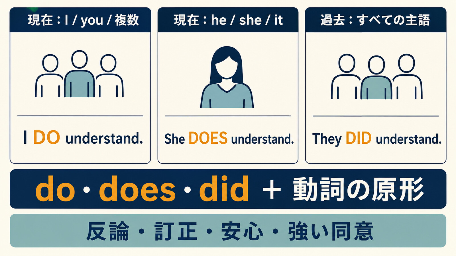 強調のdo does didを主語と時制で選び後ろに動詞の原形を置く図