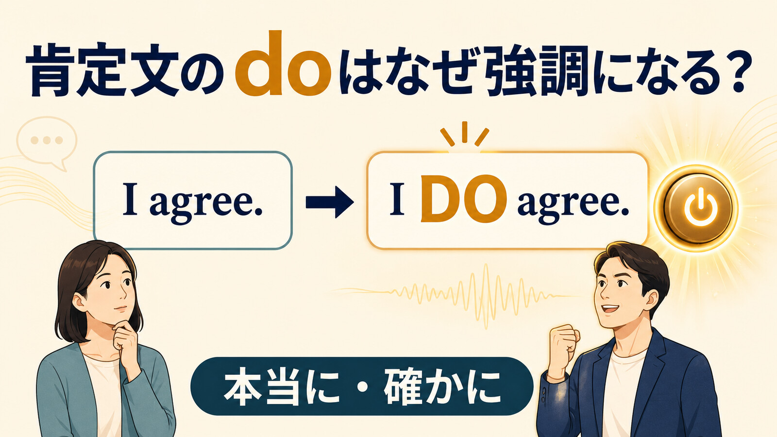 I agreeがI DO agreeになり肯定文のdoが強調を表す仕組みを示すアイキャッチ