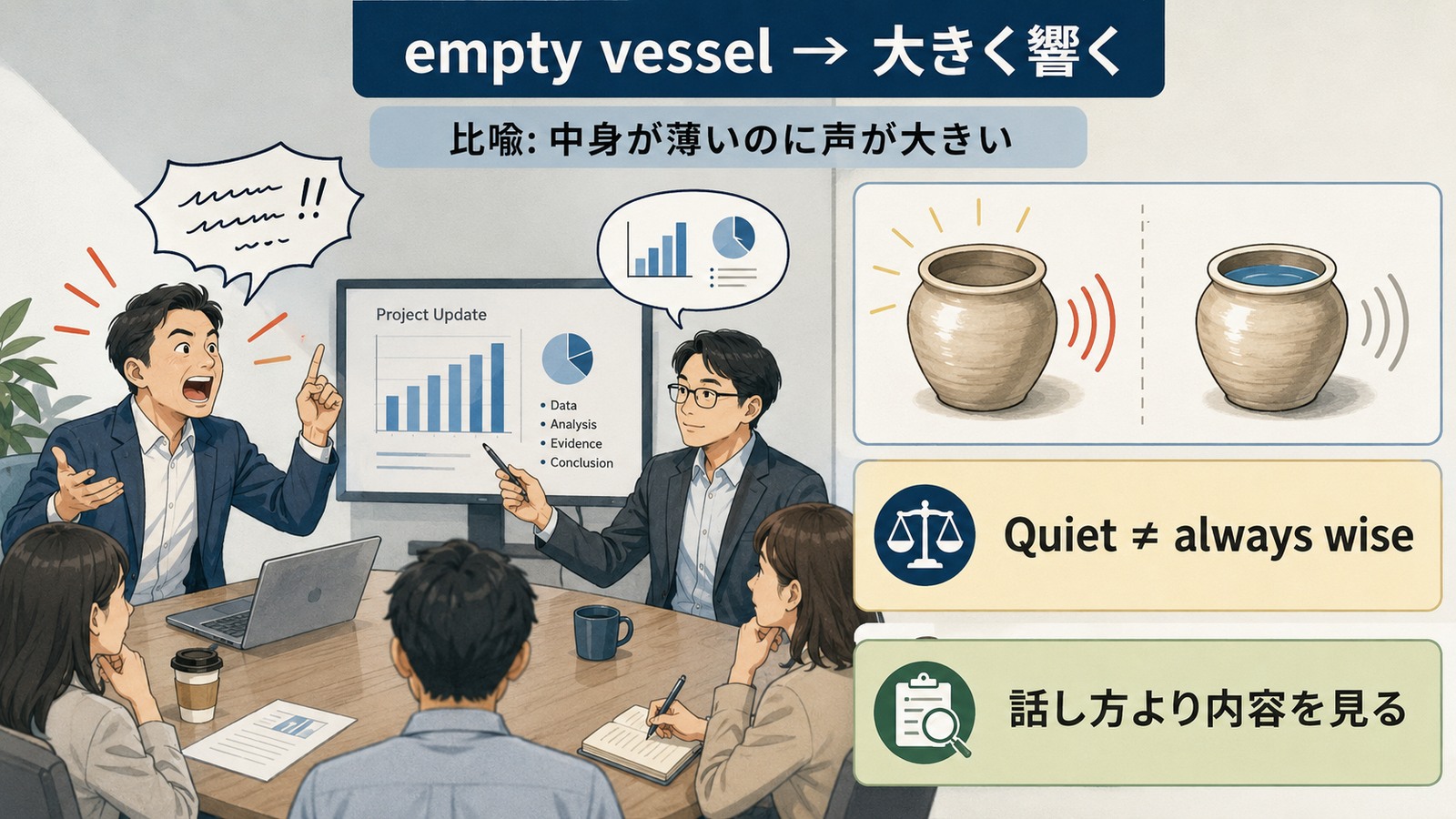 Empty vessels make the most noise.の直訳・ニュアンス・注意点を比較する解説イラスト