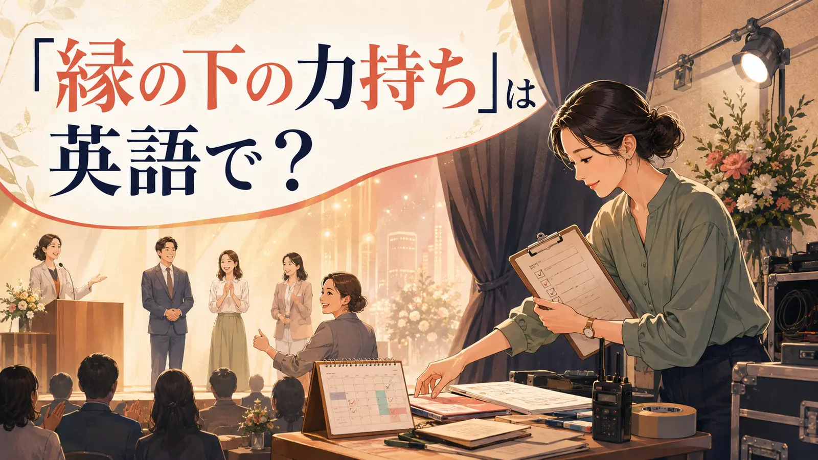 「縁の下の力持ち」は英語で?舞台裏でイベントを支える女性のイラスト