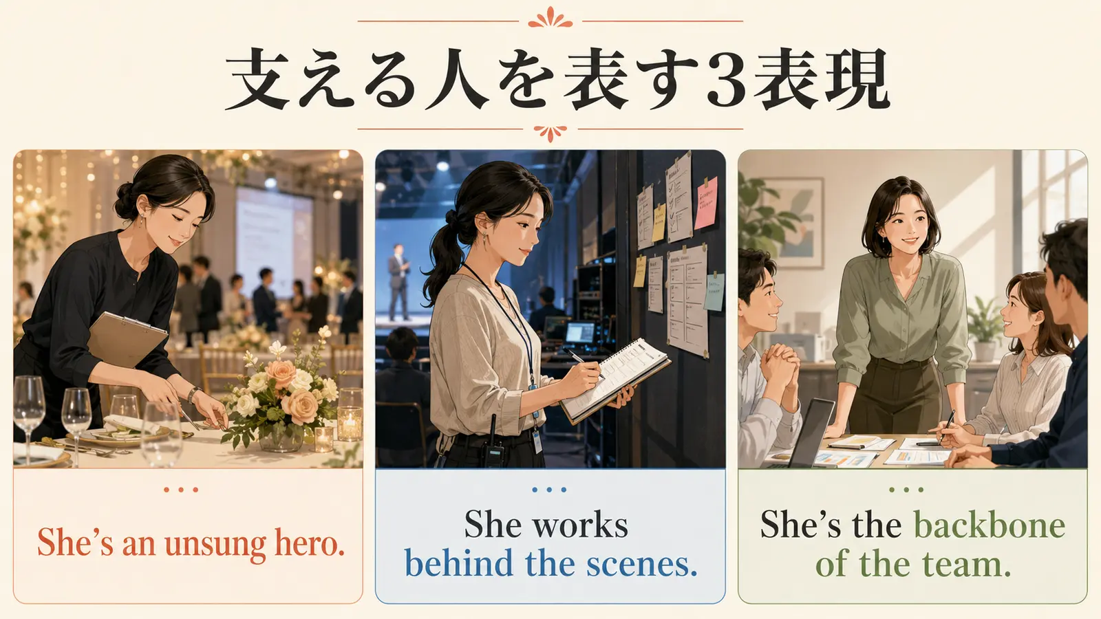陰でチームを支える人を表す英語3表現のまとめイラスト