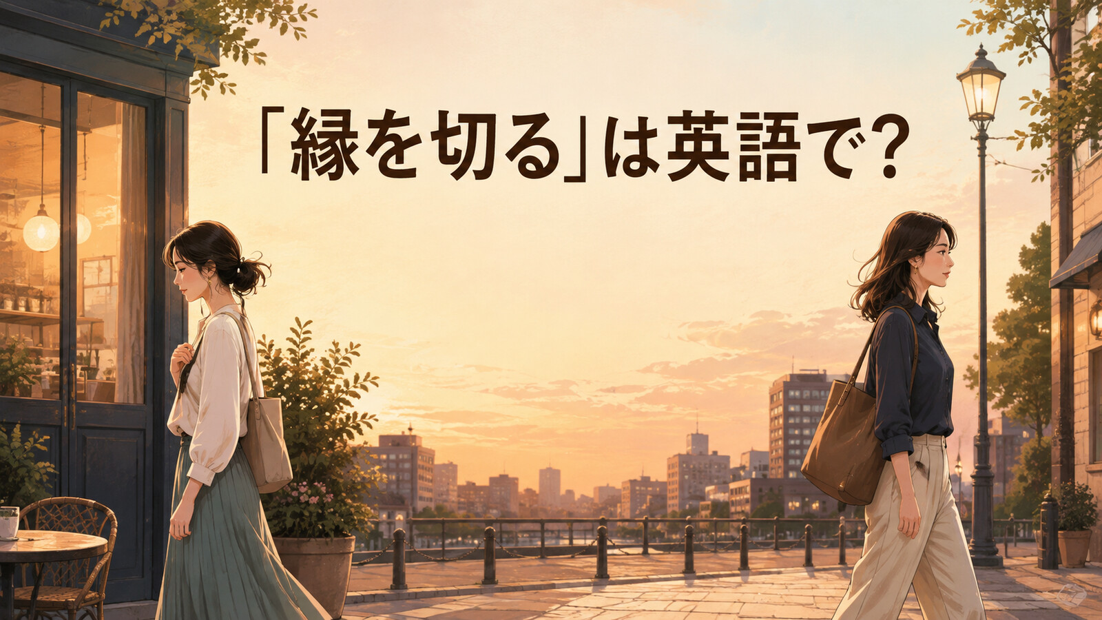 「縁を切る」は英語で?と、二人の友人が別々の方向へ歩き出す場面のイラスト