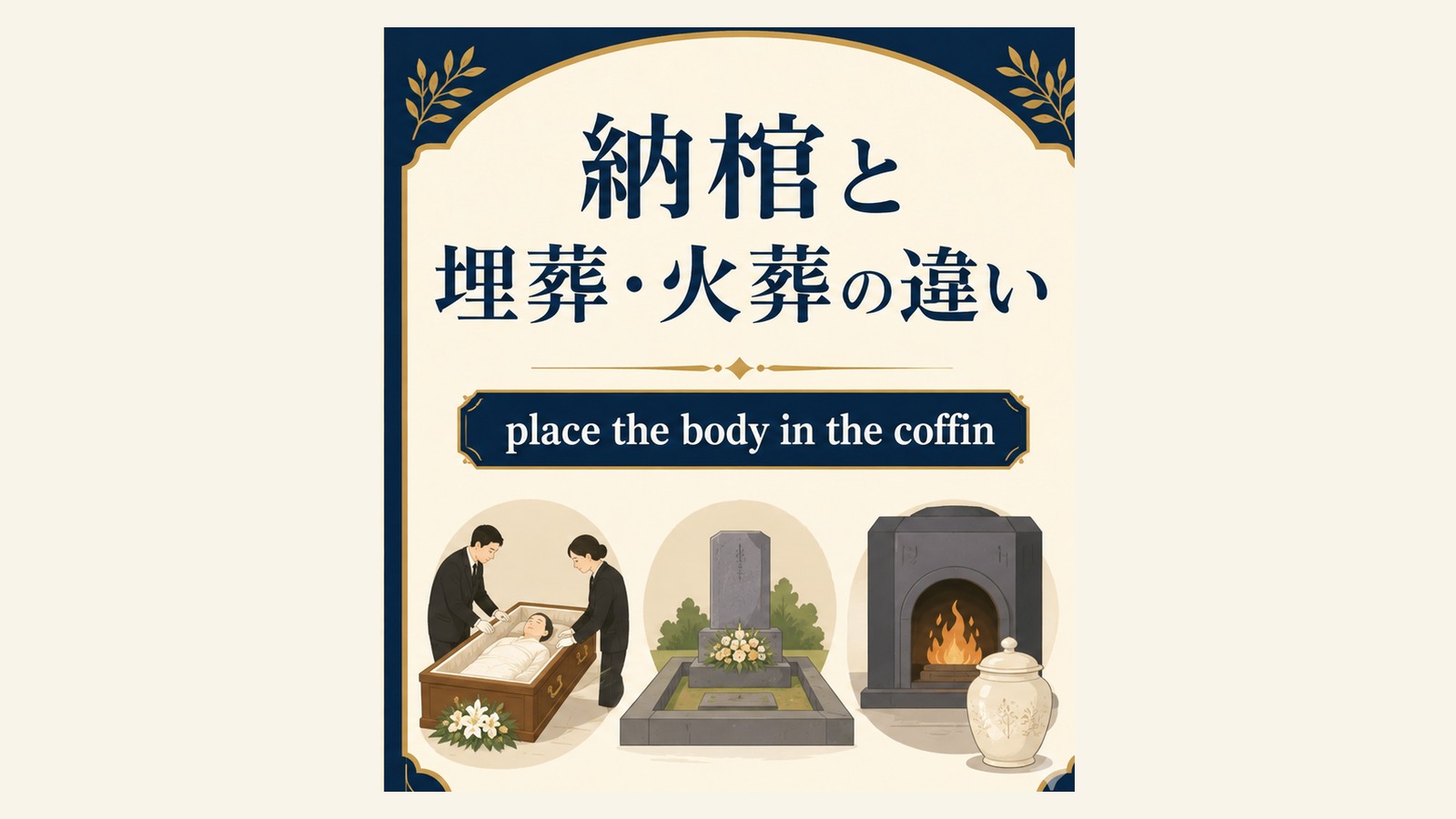 納棺の英語表現と文化的な違いを説明するイラスト