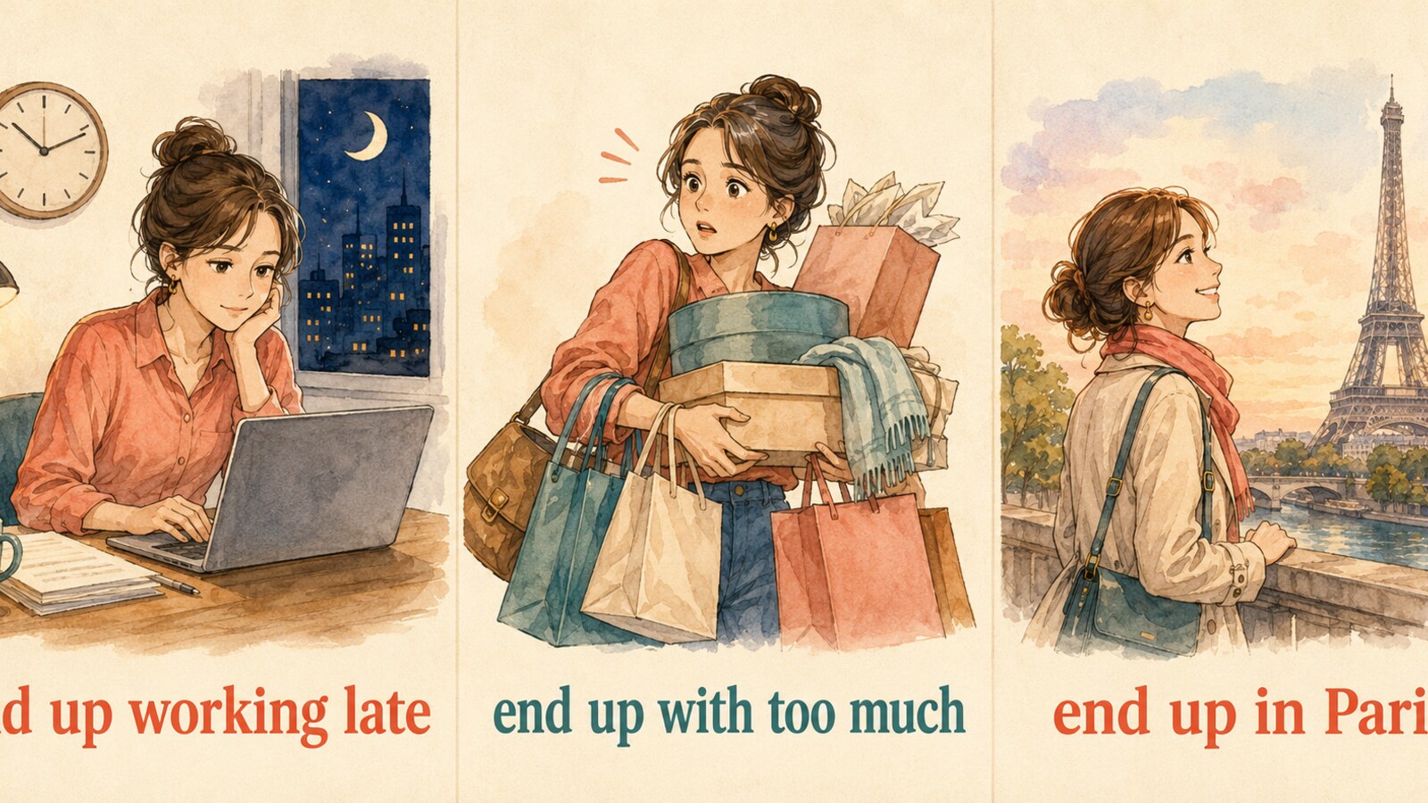 end up doing、end up with、end up inの違いを表す3場面のイラスト