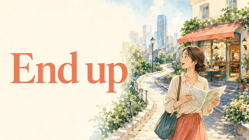 End upの意味を表す曲がり道の先へたどり着いた女性のイラスト