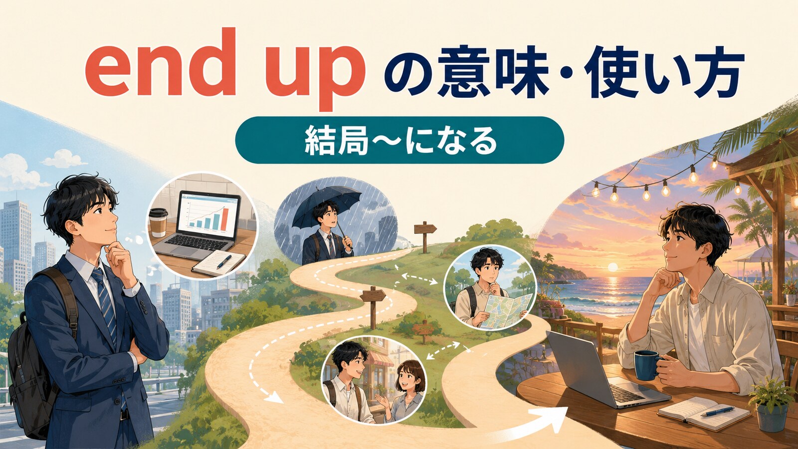 end upの意味は？「結局〜になる」の語順・使い方とeventuallyとの違い