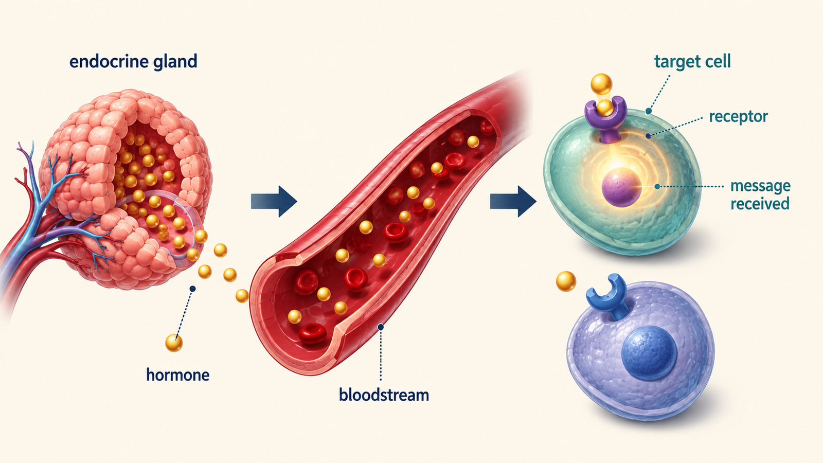 endocrine glandがhormoneをbloodstreamへ放出しreceptorを持つtarget cellへ届ける仕組みの英語図解