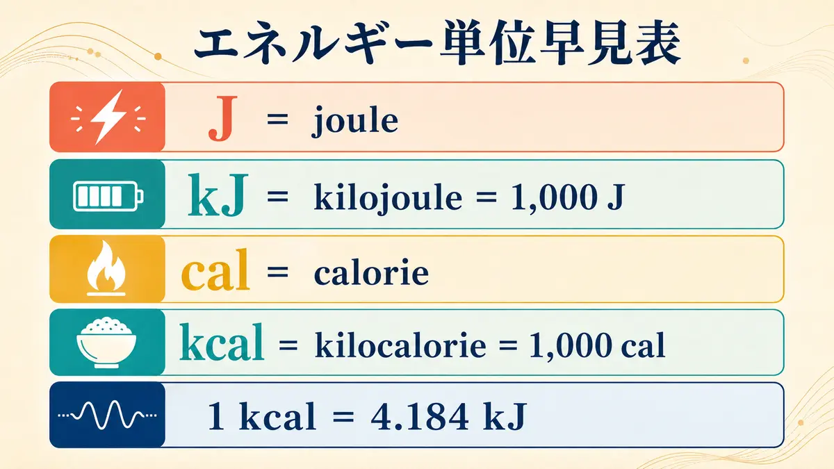J・kJ・cal・kcalと換算を示すエネルギー単位早見表