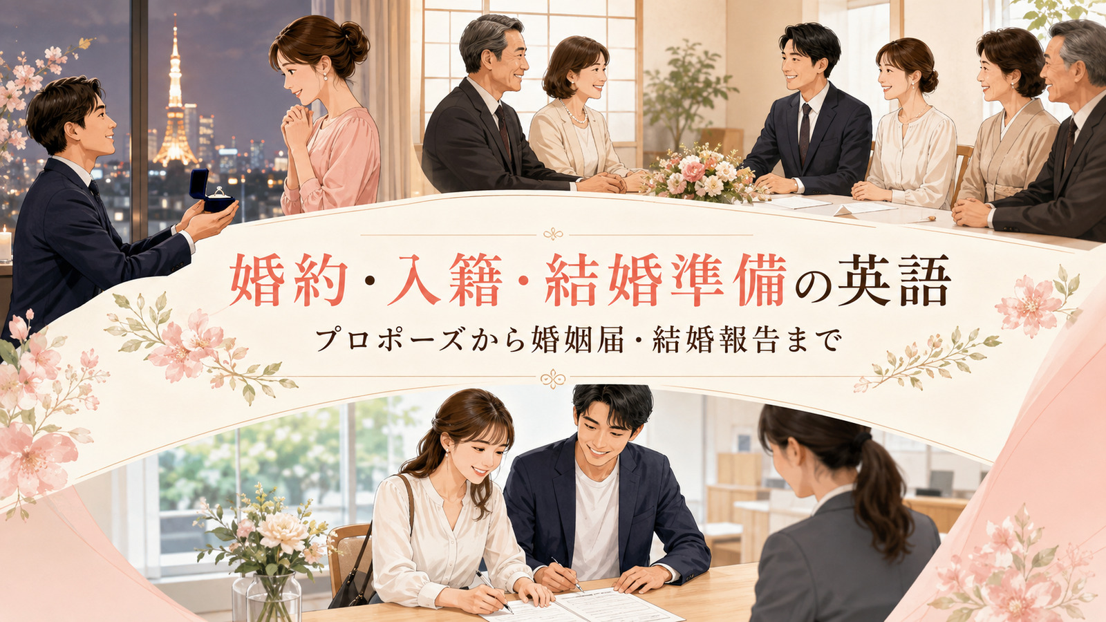プロポーズ・両家顔合わせ・婚姻届で婚約と入籍の英語を学ぶアイキャッチ