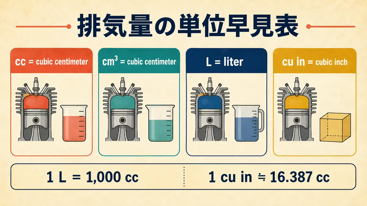 cc・cm³・L・cu inの意味と換算をまとめた排気量の早見表