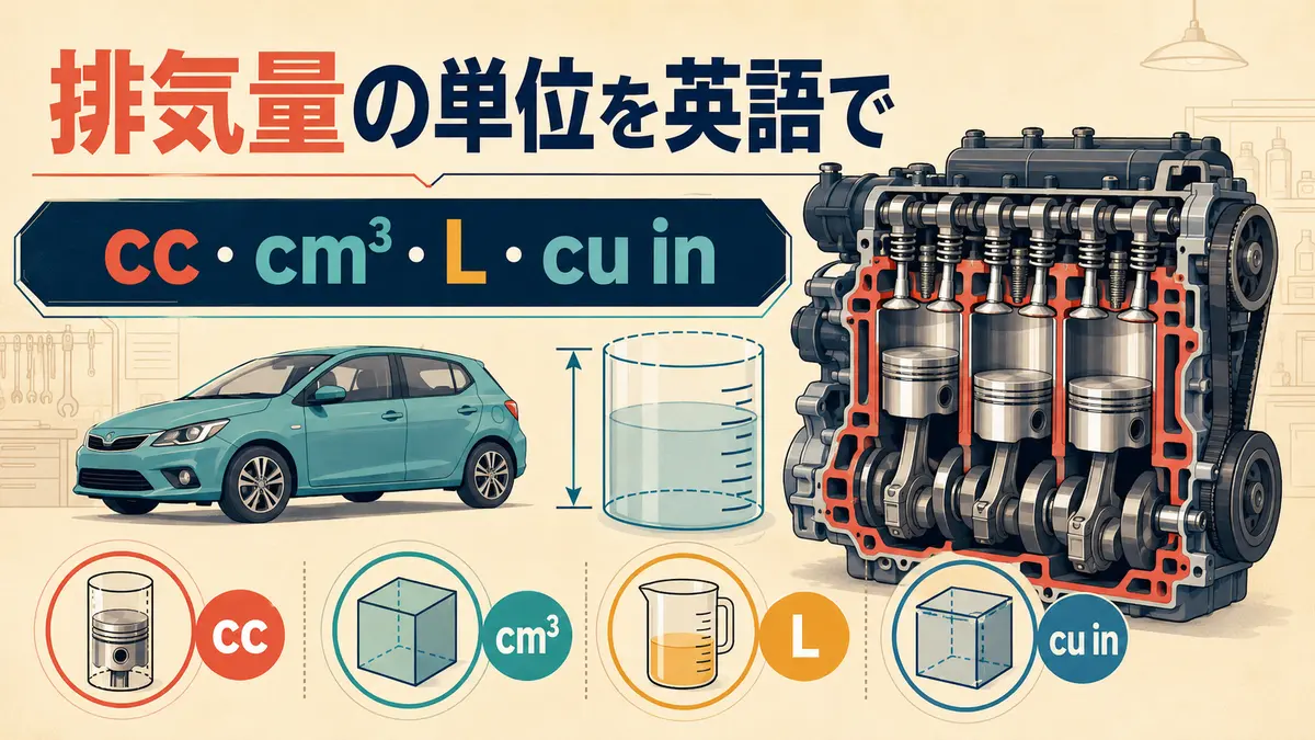 エンジン断面と車で排気量の単位cc・cm³・L・cu inを表すイラスト