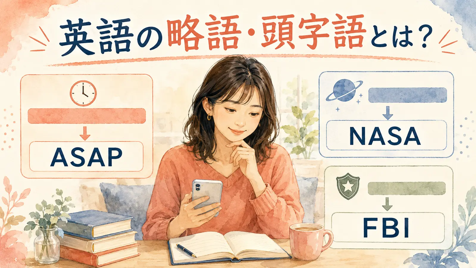 英語の略語・頭字語をASAP・NASA・FBIで示した図解
