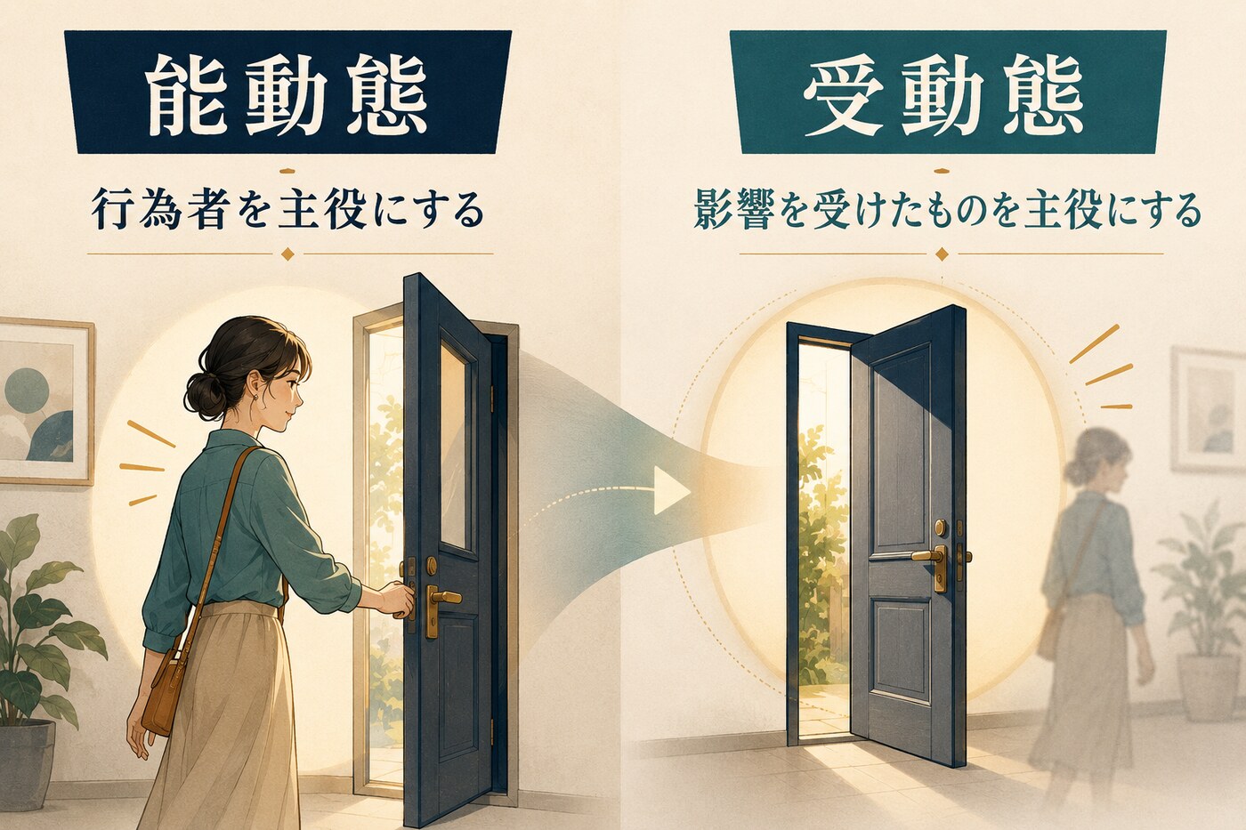 能動態は行為者、受動態は影響を受けたものを主役にする比較図