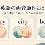 happy、city、betterの真ん中の子音が二つの音節にまたがる両音節性を示すイラスト