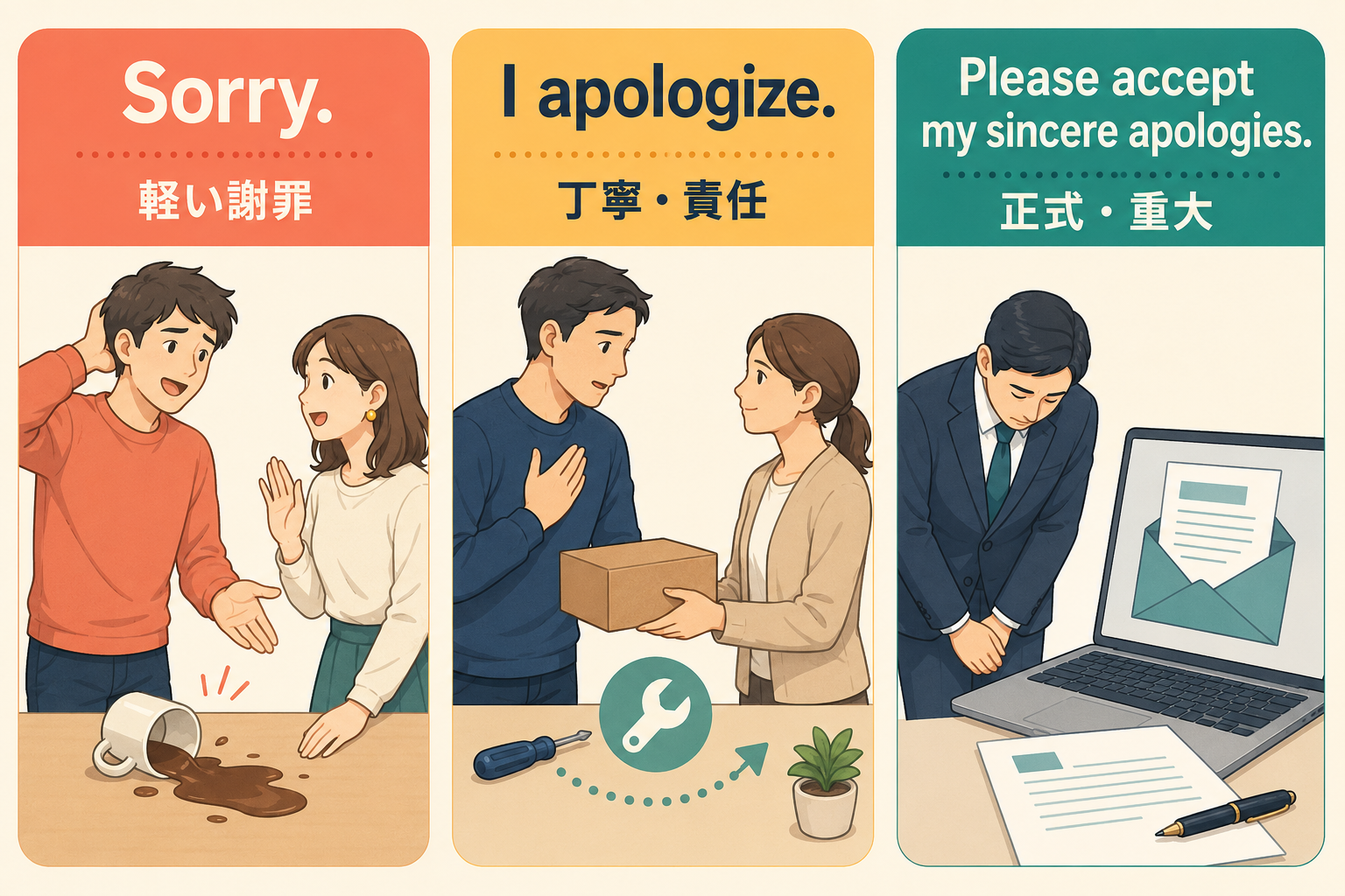 Sorry・I apologize・Please accept my sincere apologiesの丁寧さ比較