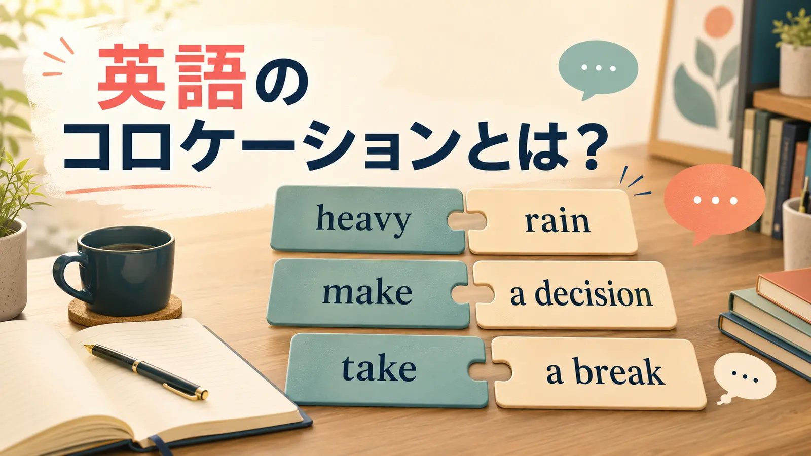 英語のコロケーションをheavy rainやmake a decisionなどの組み合わせで表したアイキャッチ画像
