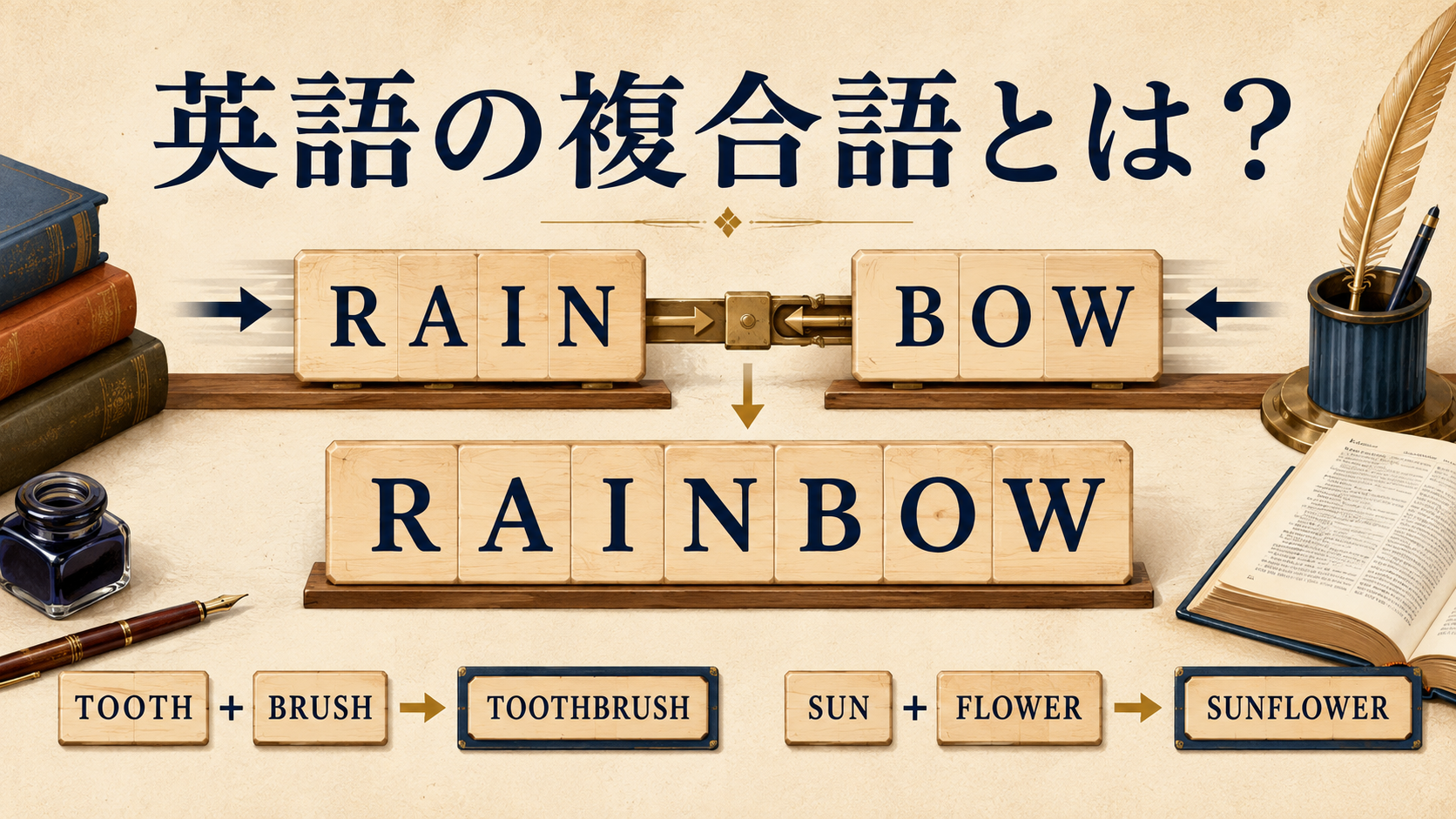 rainとbowが結合してrainbowという複合語になる図