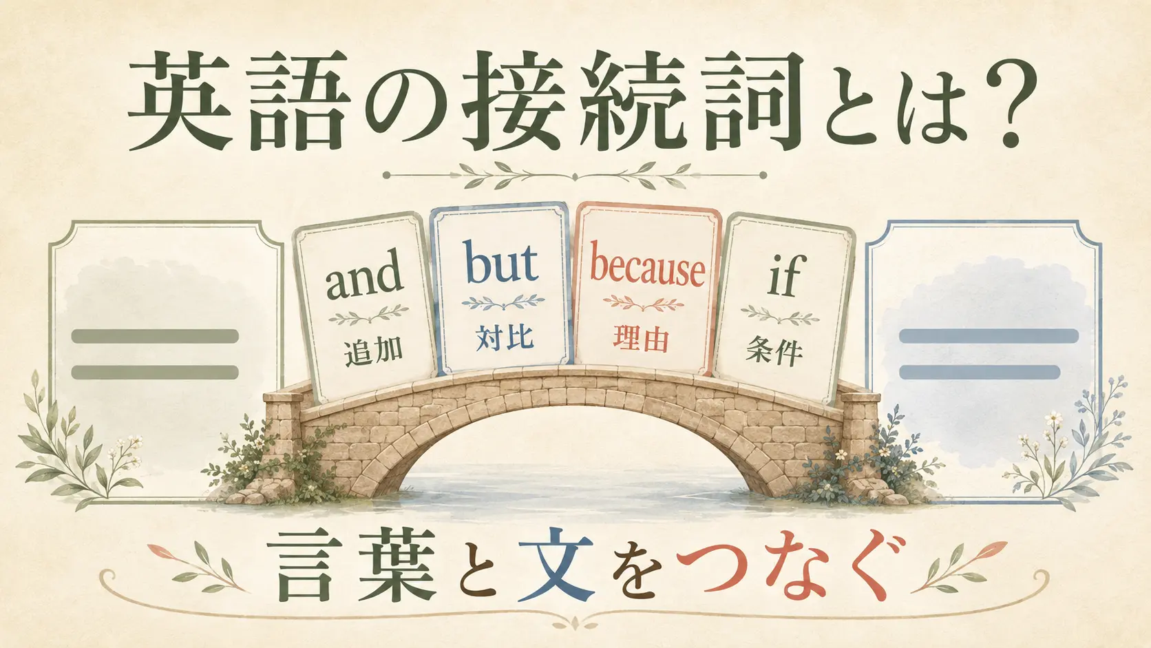 and・but・because・ifが言葉と文をつなぐ働きを示した接続詞の図解