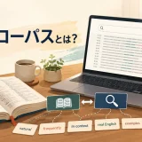 英語コーパスとは何かを辞書と検索画面で表したアイキャッチ画像