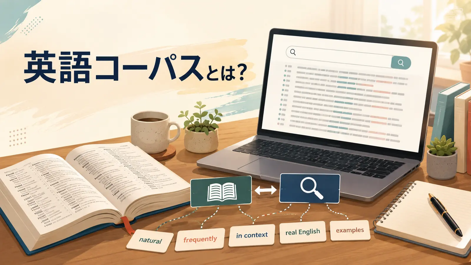英語コーパスとは何かを辞書と検索画面で表したアイキャッチ画像