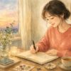 夕方の机で英語の日記を書く女性の水彩イラスト