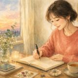 夕方の机で英語の日記を書く女性の水彩イラスト
