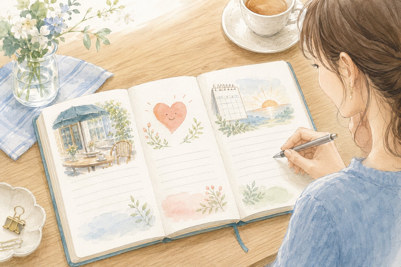 今日の出来事・気持ち・明日の予定を日記に書く女性の水彩イラスト