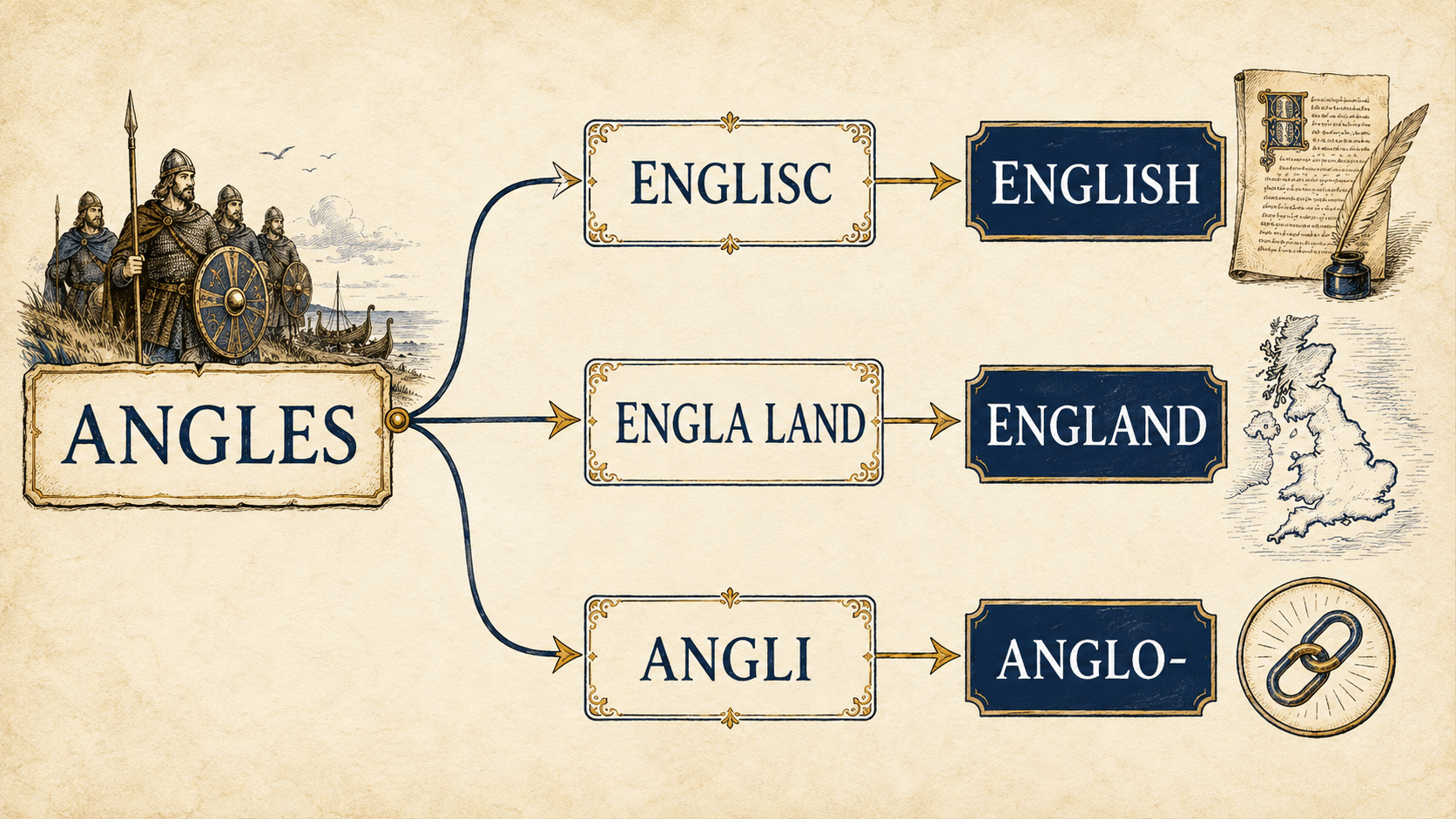 AnglesからEnglisc・English、Engla land・England、Angli・Angloへ分かれた語源図