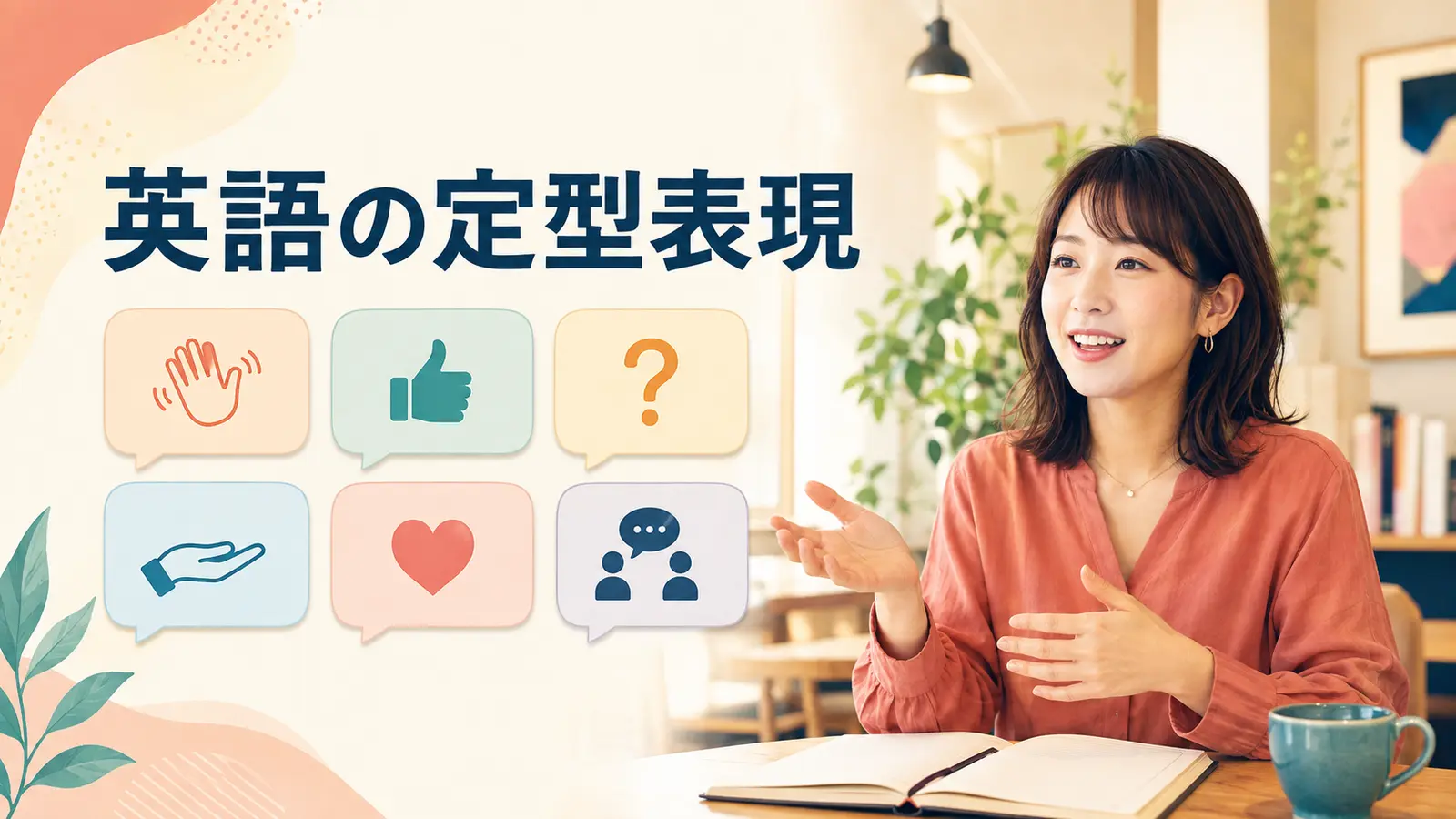 英語の定型表現を場面別に学ぶ女性と会話アイコン